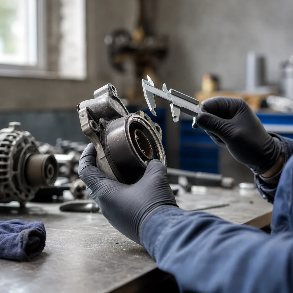Mecánico inspeccionando una pieza de automóvil usada para detectar desgaste, daños y ajuste antes de la instalación